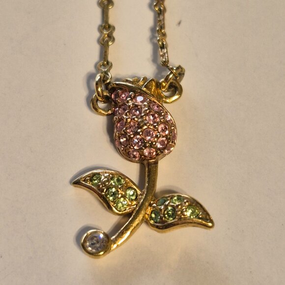 Vintage Butler Goldtone Green and Pink Sparkly Stone Tulip Necklace - Picture 2 of 8